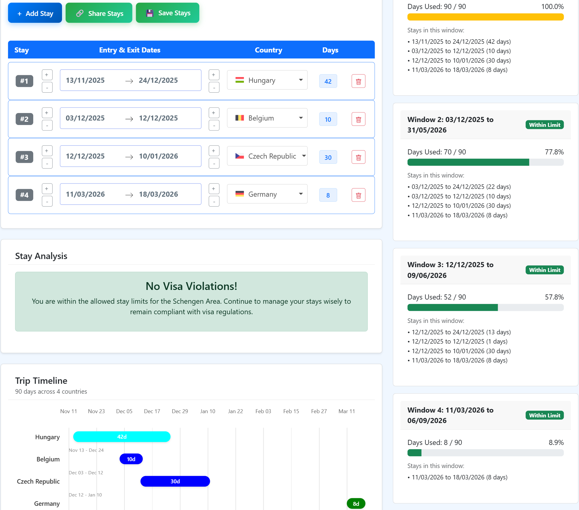 Screenshot of Schengen Area Calculator by Dany Trakhtenberg