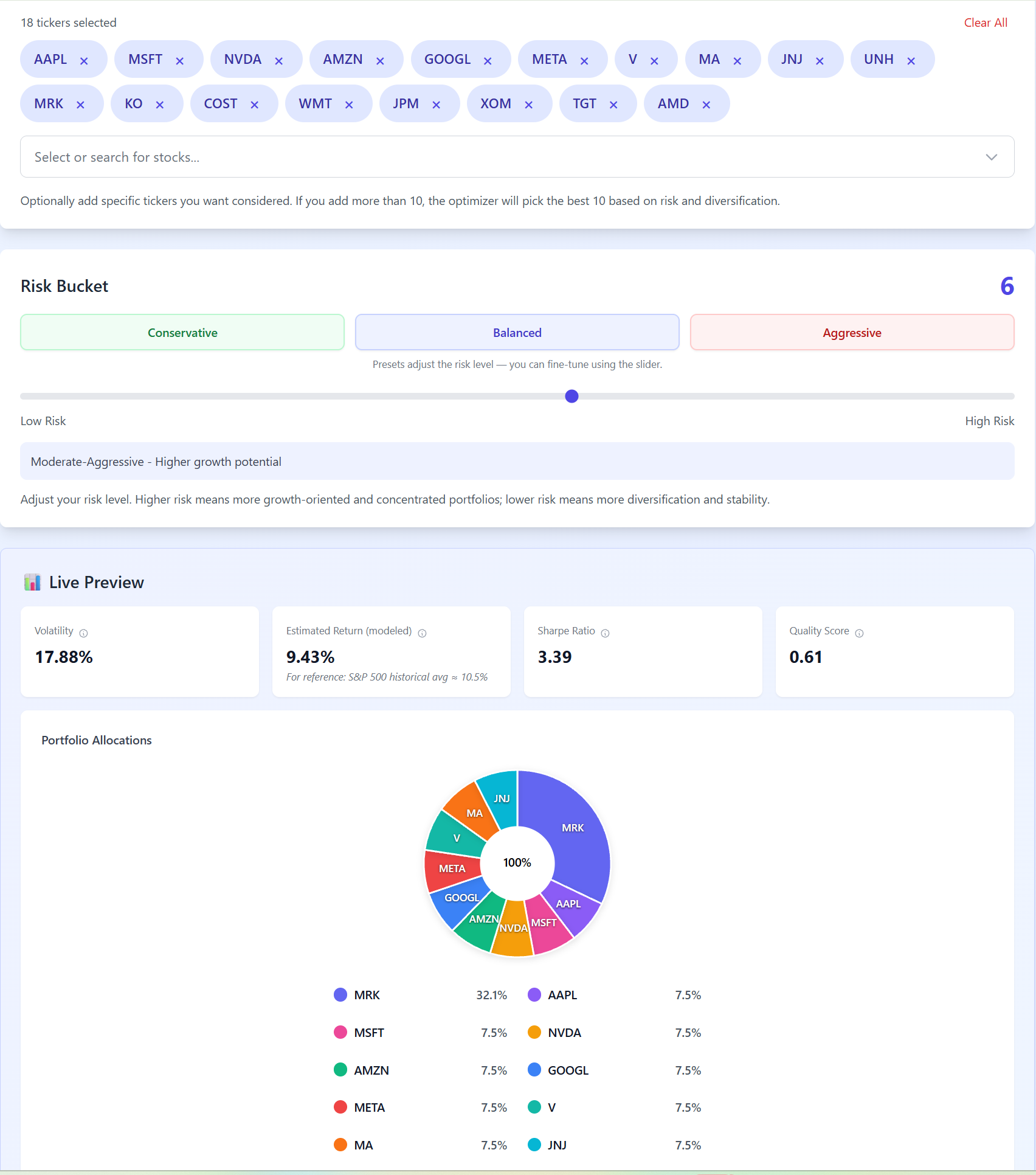 Screenshot of StockRisker — Portfolio Optimizer by Dany Trakhtenberg